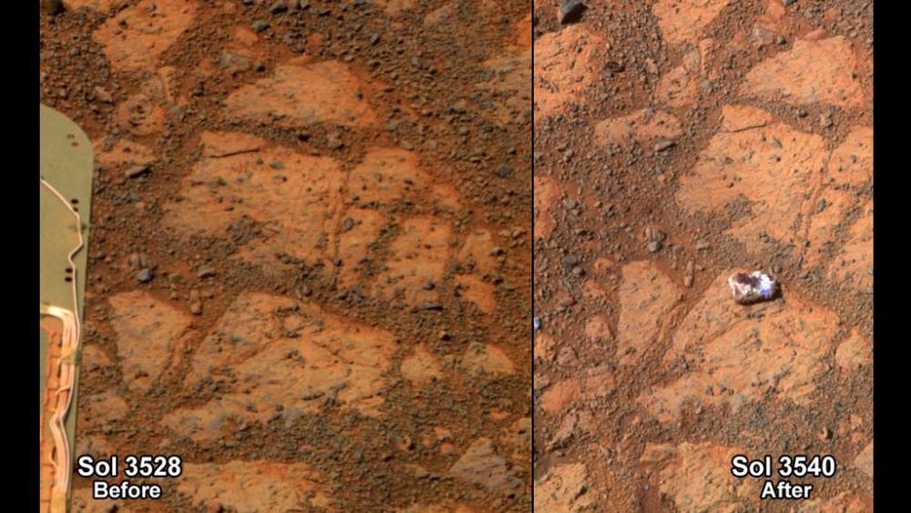 A gauche, la zone avant l'apparition de la mystérieuse roche. A droite, le fameux "beignet" martien qui a intrigué les scientifiques.