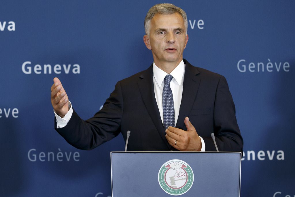 Swiss Federal President Didier Burkhalter speaks at a press conference on the occasion of the opening session of the third Arab Forum on Asset Recovery (AFAR), in Geneva, Switzerland, Saturday, November 1, 2014. AFAR is an initiative built 2012 in support of asset recovery efforts by Arab Countries in Transition.(KEYSTONE/Salvatore Di Nolfi)