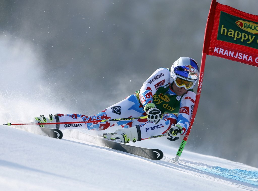 France's Alexis Pinturault speeds down the course during an alpine ski, men's World Cup giant slalom competition, in Kranjska Gora, Slovenia, Saturday, March 14, 2015. (AP Photo/Marco Trovati)