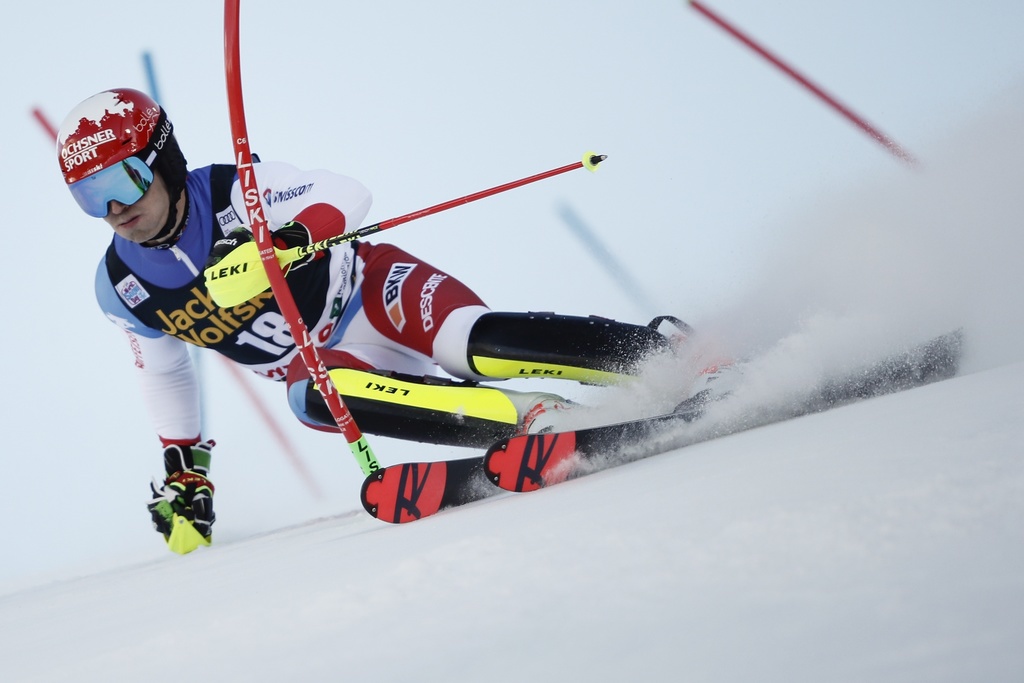 Switzerland's Loic Meillard competes during the slalom portion of an alpine ski, men's World Cup combined in Bormio, Italy, Sunday Dec. 29, 2019. (AP Photo/Gabriele Facciotti)