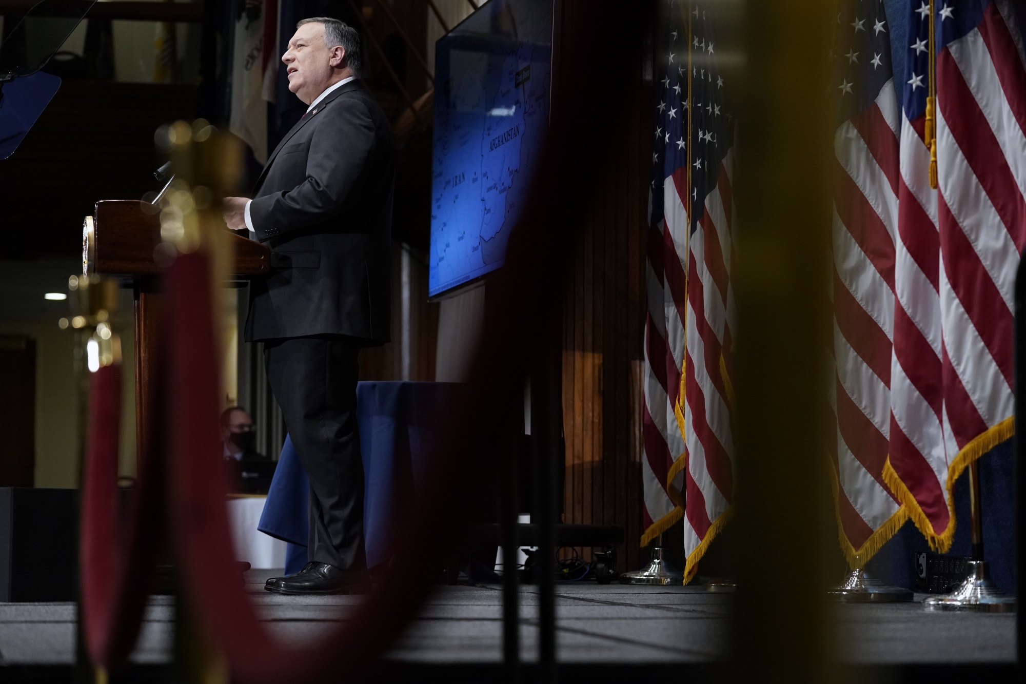 Secretary of State Mike Pompeo speaks at the National Press Club in Washington, Tuesday, Jan. 12, 2021. (AP Photo/Andrew Harnik, Pool) ArcInfo