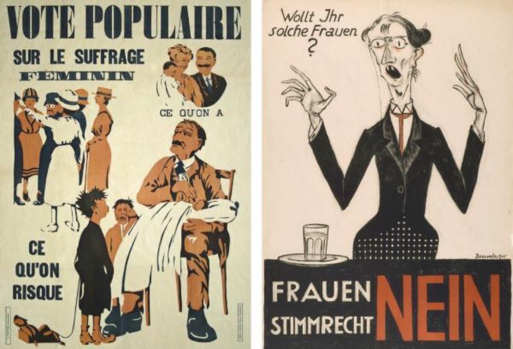 A gauche, une affiche placardée en 1919, lors de la première votation sur le sujet dans le canton de Neuchâtel. A droite, une affiche des opposants au suffrage féminin datant de 1920, à Bâle-Ville.