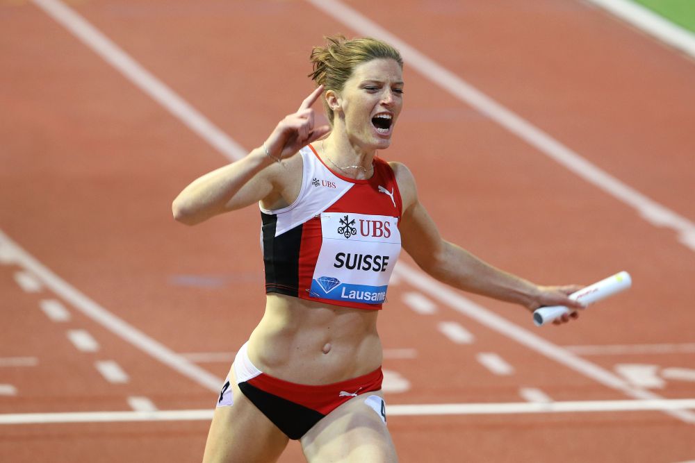 Lausanne, Jeudi 4 Juillet 2013.Lea Sprunger au 400x100m relais Women.Athletissima 2013, Lausanne.(Samuel Fromhold)