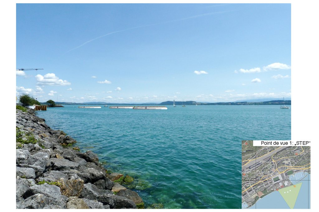 Une vue en photo-montage des trois îles flottantes recouvertes de cellules photovoltaïque sur le lac de Neuchâtel.