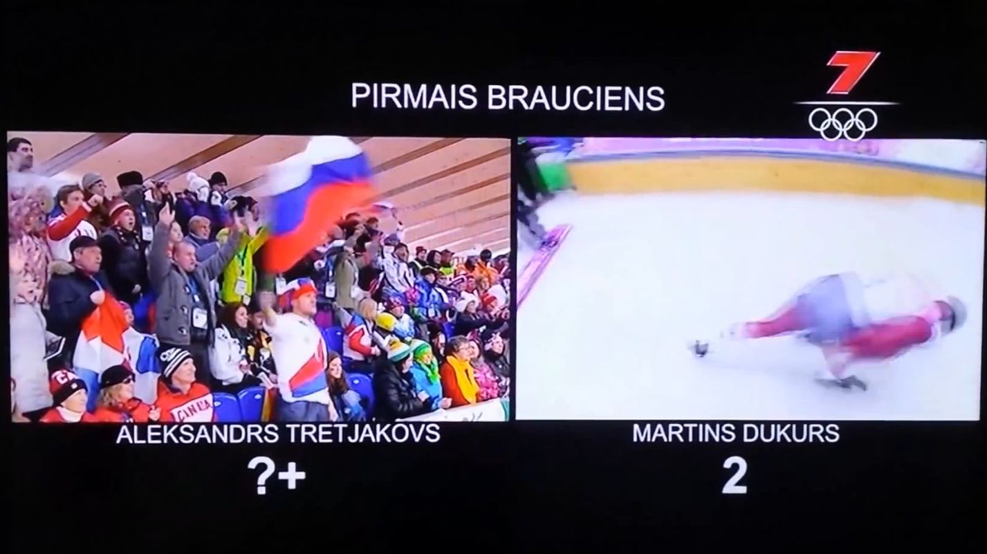 Pour la télévision lettonne, c'est clair: à gauche, la poussée du Russe est dissimulée par des plans de coupe sur le public. Pendant ce temps, les Russes trafiquent le chrono.