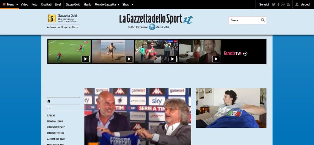 La page d'accueil du site de la Gazzetta dello Sport, quotidien sportif italien, s'est teinté de bleu ce jeudi.  A la place de son rose traditionnel, le journal italien a préféré a opté pour le bleu de l'équipe italienne de football. 