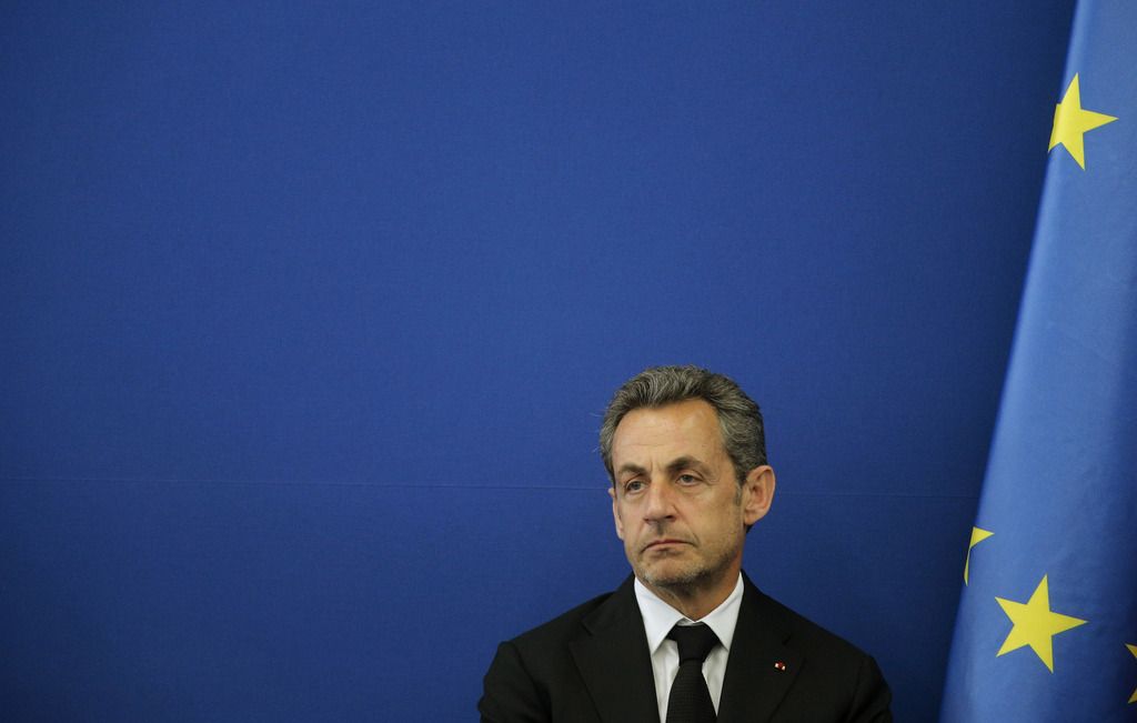 FILE - This March 10, 2014, file photo shows Former french President Nicolas Sarkozy during the inauguration of the Foundation Claude Pompidou in Nice, southeastern France. Former French President Nicolas Sarkozy has been detained and is reportedly being questioned by financial investigators in a corruption probe that is rattling France?s conservative political establishment. (AP Photo/Lionel Cironneau, File)