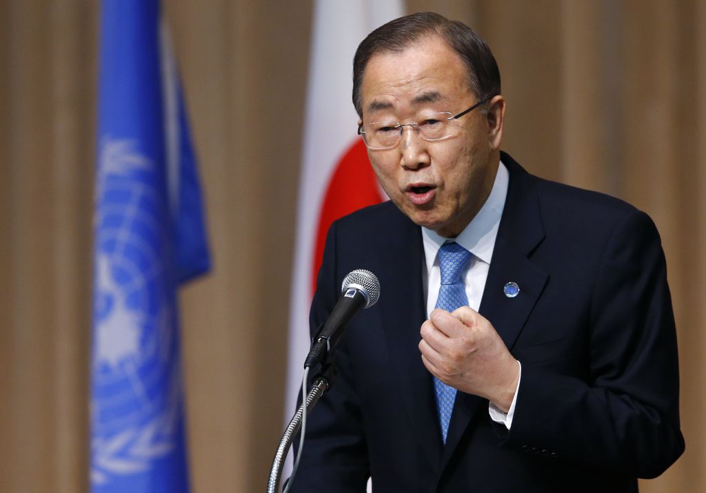 U.N. Secretary General Ban Ki-moon delivers a speech during a symposium of the 70th anniversary of the United Nations at the UN University in Tokyo, Monday, March 16, 2015. Ban attended last weekend the World Conference on Disaster Risk and Reduction in Sendai, northeastern Japan.  (AP Photo/Shizuo Kambayashi)