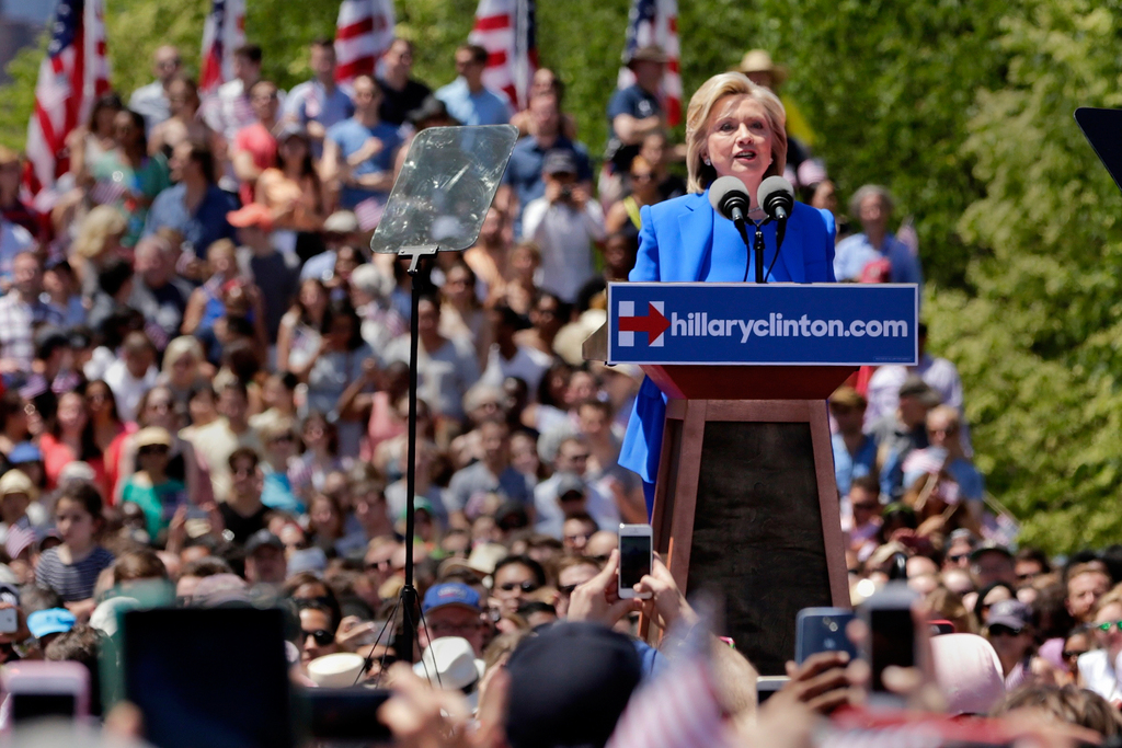 Democratic presidential candidate, former Secretary of State Hillary Rodham Clinton speaks to supporters Saturday, June 13, 2015, on Roosevelt Island in New York, in a speech promoted as her formal presidential campaign debut.  (AP Photo/Frank Franklin II)