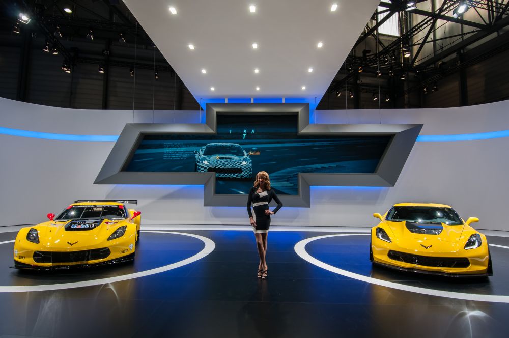 Corvette de Chevrolet présentée au Salon de Genève. La marque de Détroit n'est plus distribuée en Europe pour ses entrées de gamme mais elle continue à être importée.