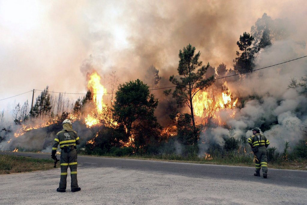 epa04824417 Fire fighters tackle a blaze that has so far burned more than forty hectares of woodland and open scrub, in Boboras municipality in Ourense, Spain, 29June 2015.  EPA/SXENICK