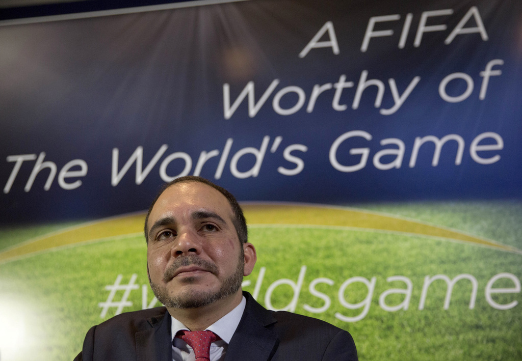 FILE - In this Feb. 3, 2015 file photo, Jordan's Prince Ali bin al-Hussein attends a press conference for the launch of his FIFA presidency campaign, in London. Former FIFA presidential candidate Ali saied Sepp Blatter must leave now as head of the sport's governing body. Prince Ali said the scandal-scarred FIFA needs an interim leader from outside soccer to oversee the next election and modernizing reforms, in a statement to The Associated Press, Monday, July 20, 2015, Prince Ali says "President Blatter's resignation cannot be dragged out any longer. He must leave now."(AP Photo/Matt Dunham, File)