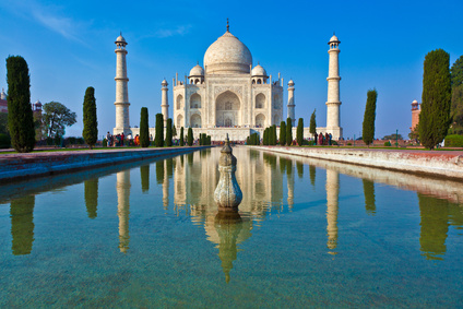 beautiful Taj Mahal in India with blue sky