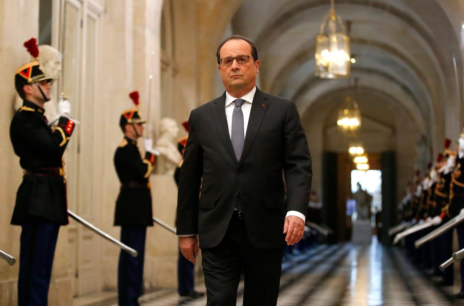 French President Francois Hollande arrives to deliver a speech at the Versailles castle, west of Paris, Monday, Nov.16, 2015. French President Francois Hollande is addressing parliament about France's response to the Paris attacks, in a rare speech to lawmakers gathered in the majestic congress room of the Palace of Versailles. (AP Photo/Michel Euler) France Paris Attacks