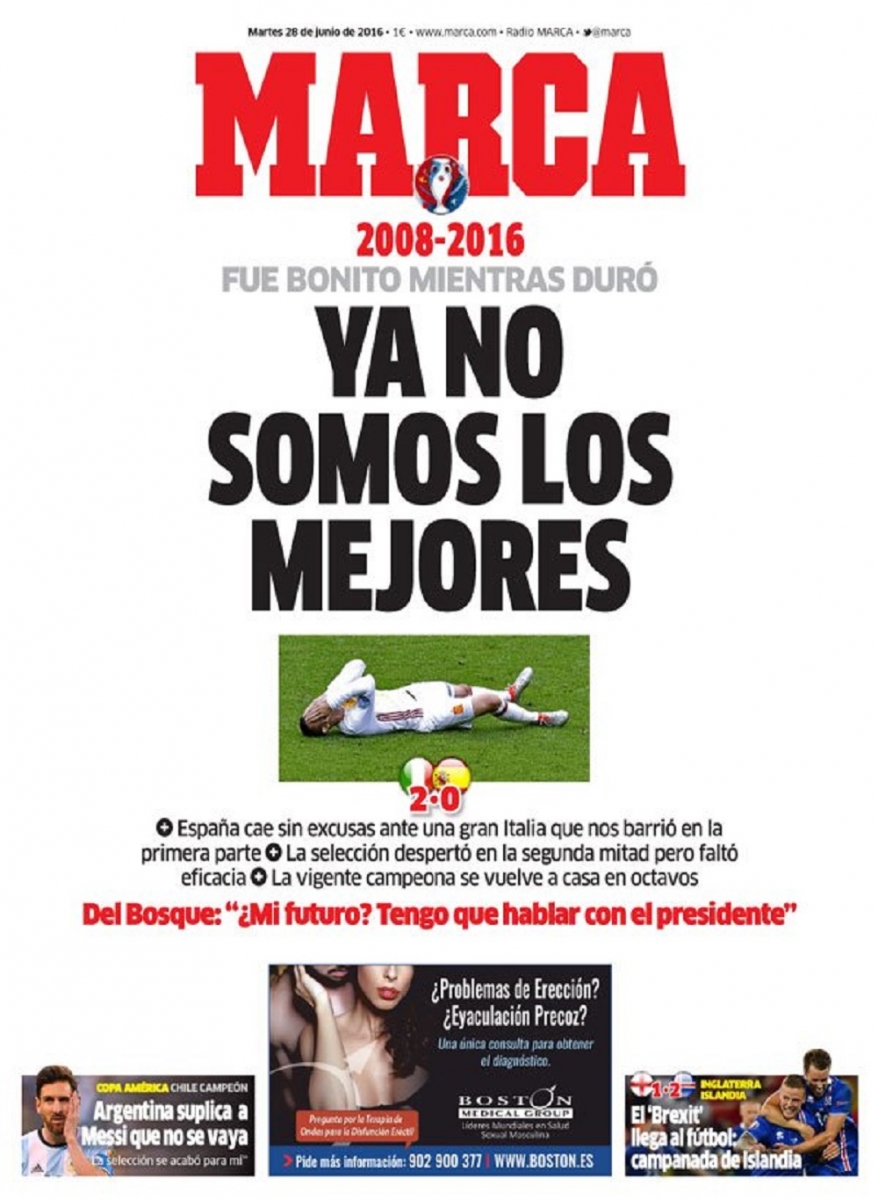 Le quotidien madrilène Marca a titré "2008-2016: ça a été beau tant que ça a duré, nous ne sommes plus les meilleurs".