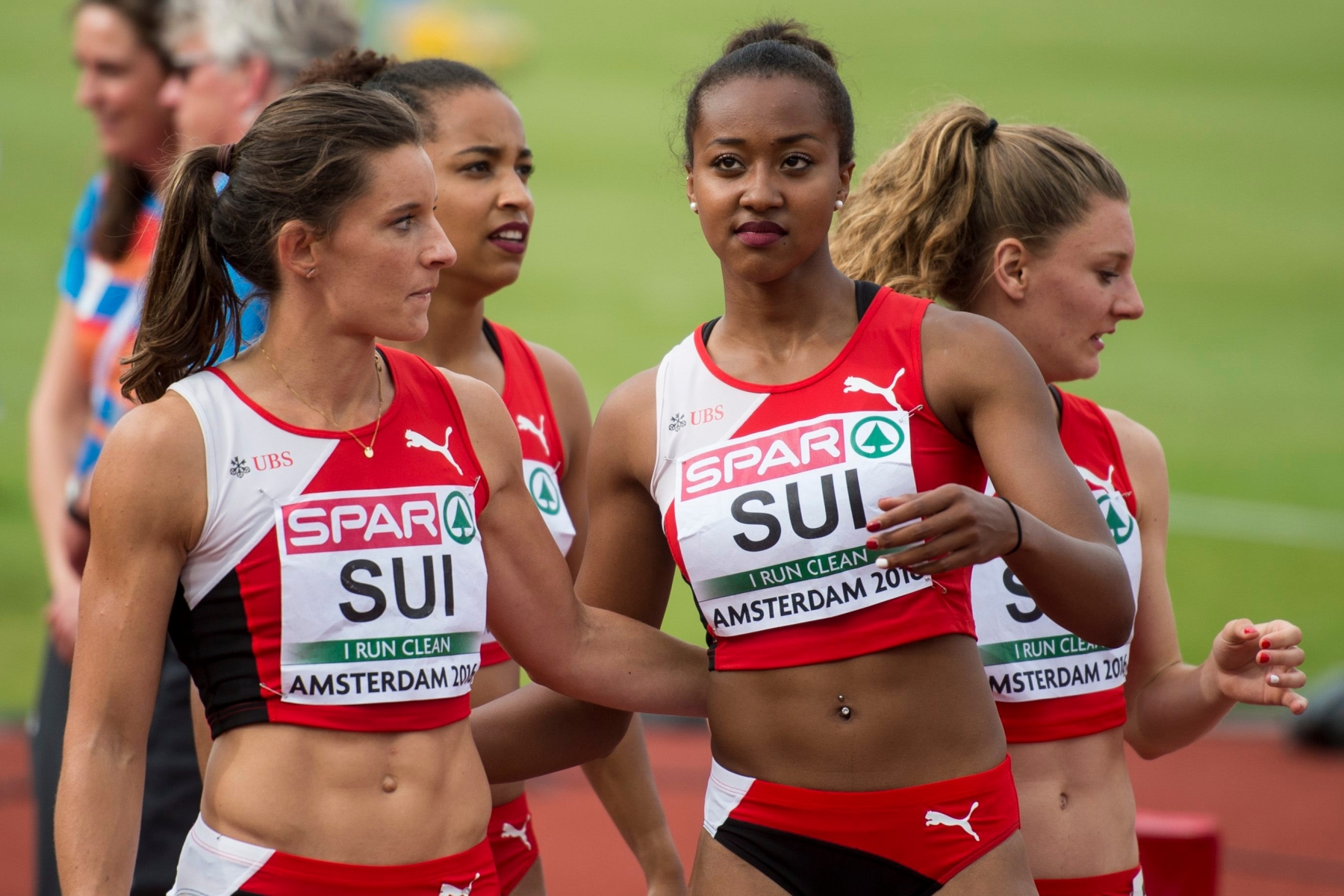 Swiss athletes Ellen Sprunger, Salome Kora, Sarah Atcho and Ajla Del Ponte, from left to right, reacts after the 4x100m relay of the women at the 2016 European Athletics Championships in Amsterdam, Netherlands, Sunday, 10 July 2016. The 2016 European Athletics Championships will be held in Amsterdam, Netherlands, from 06 until 10 July 2016. (KEYSTONE/Ennio Leanza) LEICHTATHLETIK EM 2016 AMSTERDAM