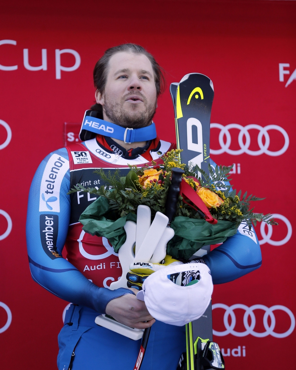 Norway's Kjetil Jansrud celebrates winning during an alpine ski, men's World Cup Super G, in Santa Caterina, Italy, Tuesday, Dec. 27, 2016. (AP Photo/Marco Trovati)