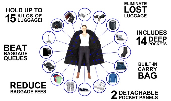 Le manteau a été conçu pour cacher et ranger des dizaines d’objets dans 14 poches internes.