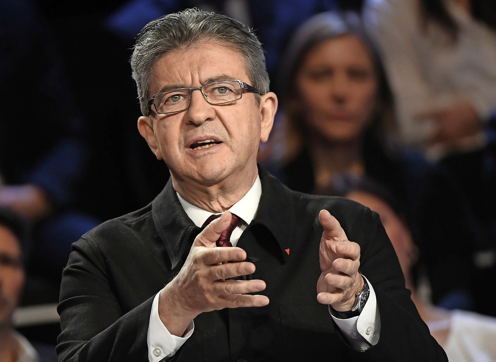 Far-left presidential candidate for the presidential election Jean-Luc Melenchon attends a television debate at French private TV channels BFM TV and CNews, in La Plaine-Saint-Denis, outside Paris, France, Tuesday, April 4, 2017. The 11 candidates in France's presidential race are preparing to face off in a crucial debate Tuesday evening, less than three weeks before the first round of the election. (Lionel Bonaventure/Pool Photo via AP) France Election