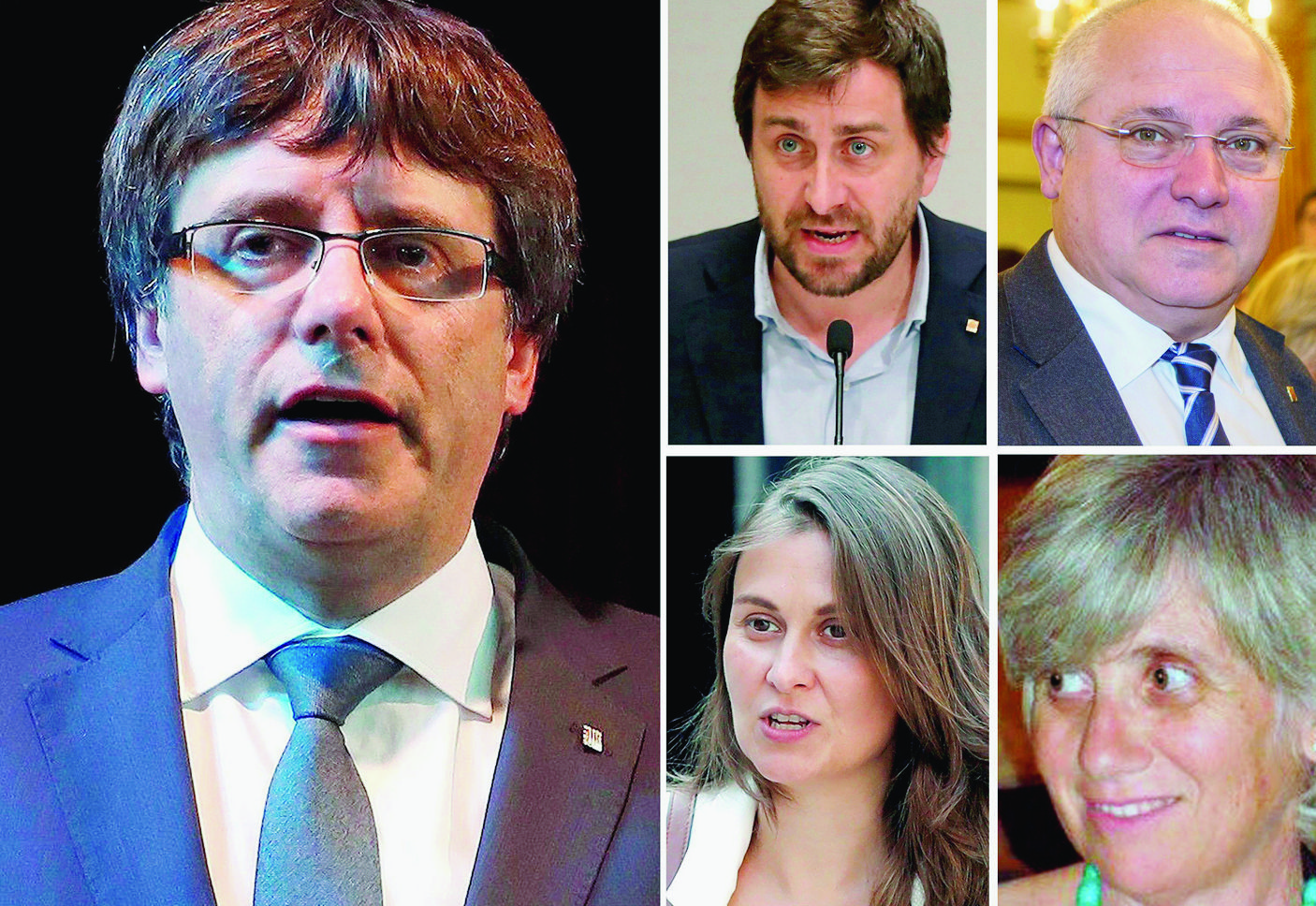 epa06306822 A combo file picture issued on 03 November 2017 shows former Catalan President Carles Puigdemont (L) and four former members of Catalan government (top L-R) Antoni Comin, Lluis Puig, Meritxell Serret, and Clara Ponsati. Judge Carmen Lamela issued an European detention for Puigdemont and former members of Catalan government involved in the declaration of independence passed in the regional parliament last 27 October 2017, who travelled to Brussels on 30 October.  EPA/EFE SPAIN CATALONIA