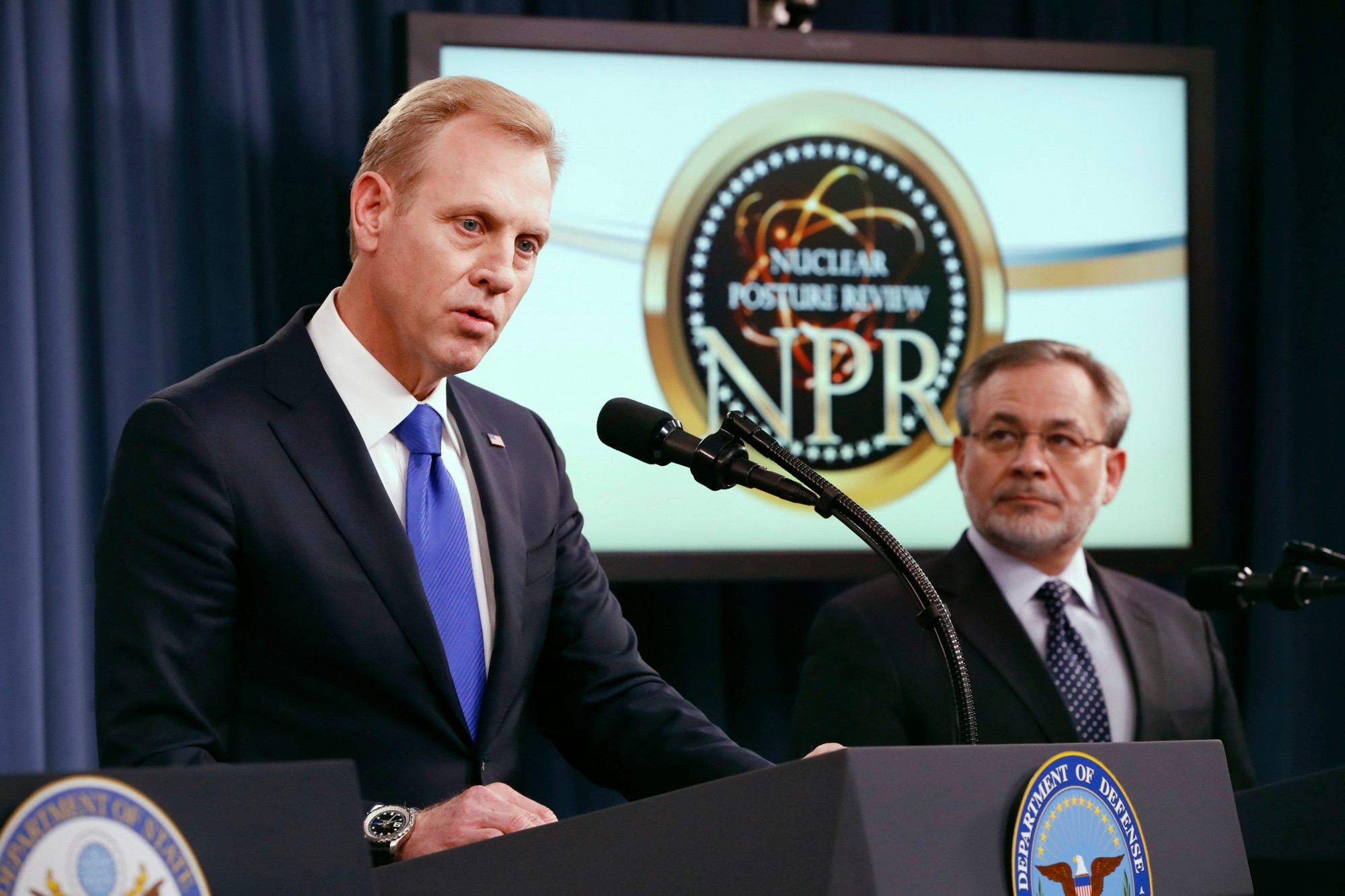 Deputy Defense Secretary Patrick Shanahan, left, speaks next to Deputy Energy Secretary Dan Brouillette, during a news conference on the 2018 Nuclear Posture Review at the Pentagon, Friday, Feb. 2, 2018. (AP Photo/Jacquelyn Martin) NUCLEAR POSTURE REVIEW