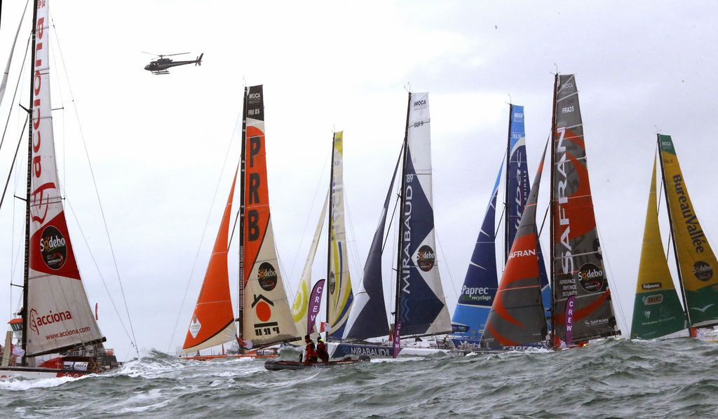 Some of the 20 yachts taking part are seen at the start of the Vendee Globe Challenge round-the-world solo sailing race at Les Sables D'Olonne, western France, Saturday , Nov. 10 2012.(AP Photo/ Jacques Brinon)