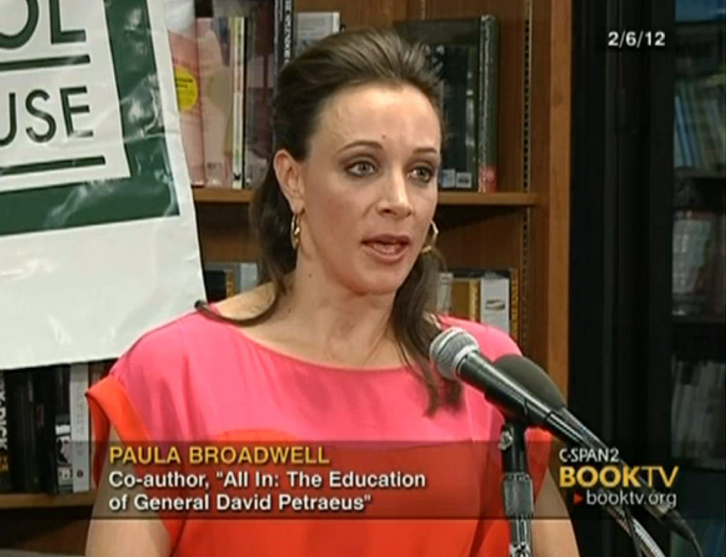 In the frame grab from C-SPAN Book TV video taken Feb. 6, 2012, author Paula Broadwell speaks to an audience about the book she co-authored, "All In: The Education of General David Petraeus," at the Politics and Prose bookstore in Washington. The scandal that brought down CIA Director David Petraeus started with harassing emails sent by his biographer and paramour, Broadwell, to another woman, and eventually led the FBI to discover he was having an affair, U.S. officials told The Associated Press on Saturday, Nov. 10, 2012. Petraeus quit Friday, Nov. 9, after acknowledging an extramarital relationship. (AP Photo/C-SPAN Book TV)