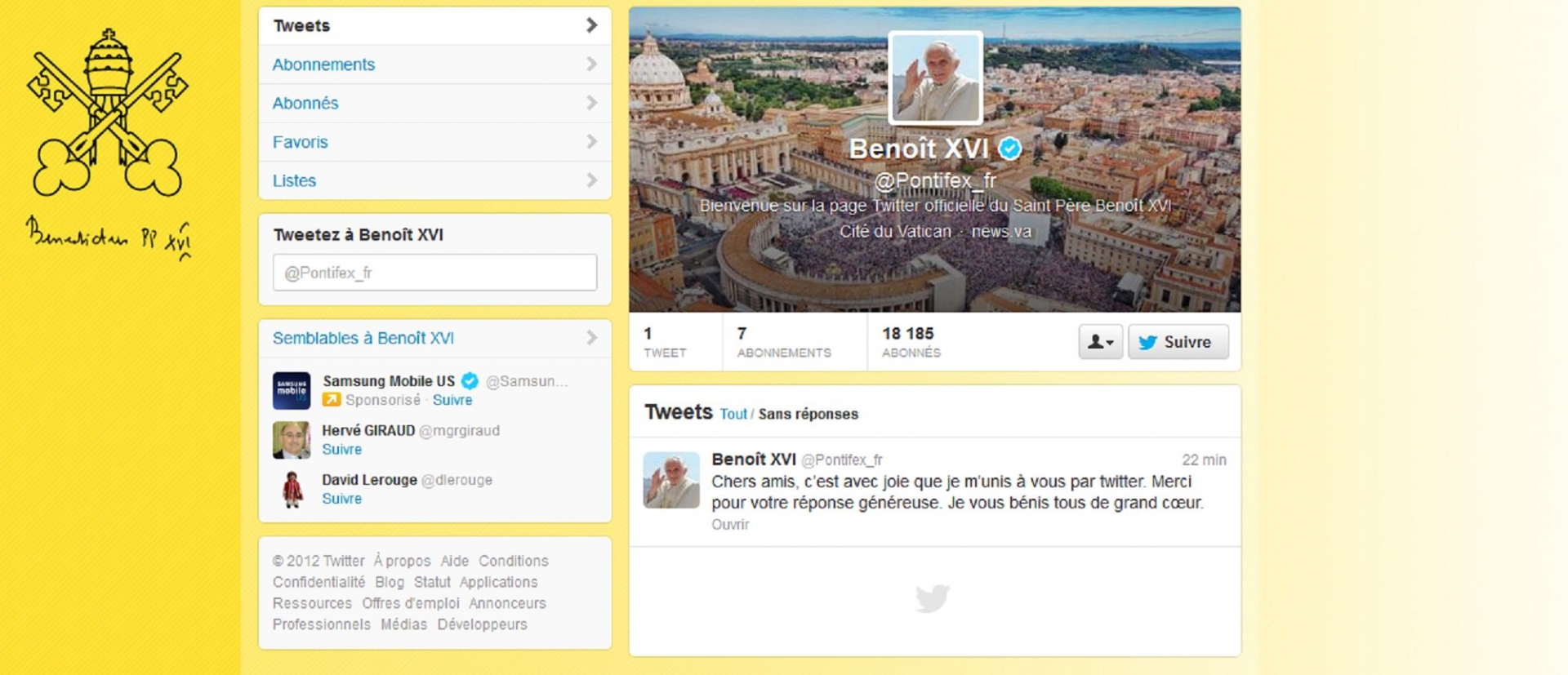 Le pape a écrit son premier tweet, en huit langues, dans les huit comptes identifiés @Pontifex