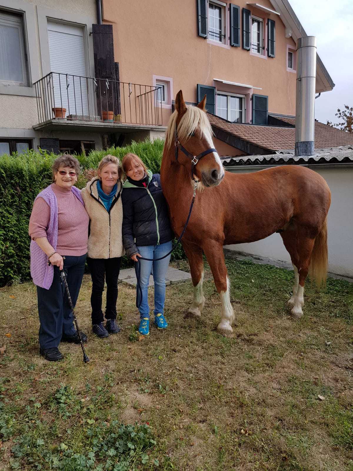 A l'arrivée à Perroy, de gauche à droite, Christiane Rosset et sa fille Dominique, Joanne Neyroud, sa petite-fille et le cheval Henri.