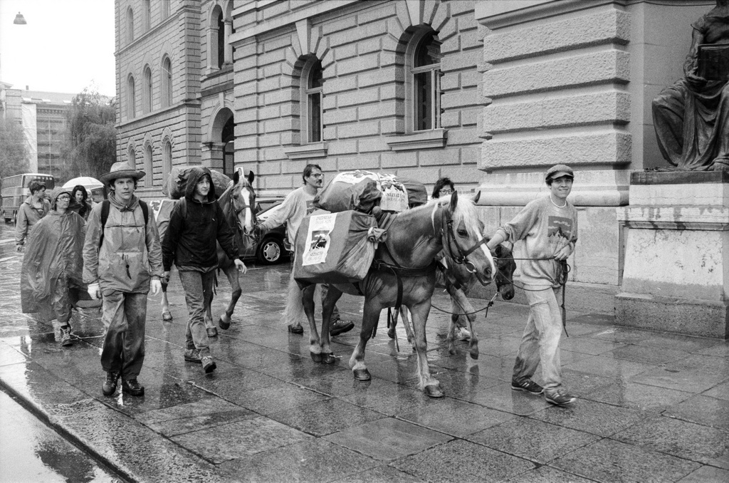 Le 12 mai 1990, 109,433 signatures sont acheminées à travers les Alpes jusqu'à Berne, à dos de mulets. 4 ans plus tard, les Suisses disaient oui. 